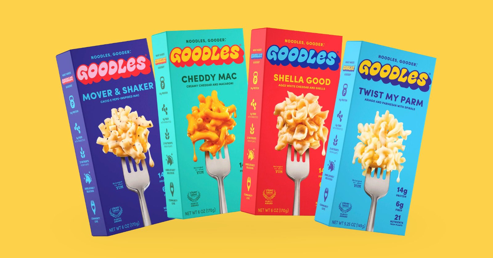 Quattro confezioni di mac & cheese Goodles con design colorato e distintivo, esempio concreto di strategie vincenti per food brand attraverso il packaging.